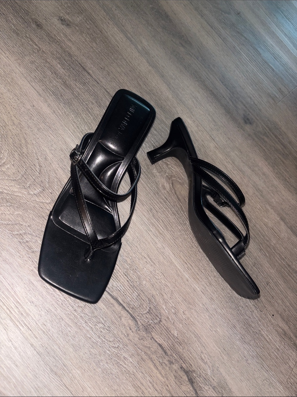 Black Strappy Square-Toe Heeled Sandals